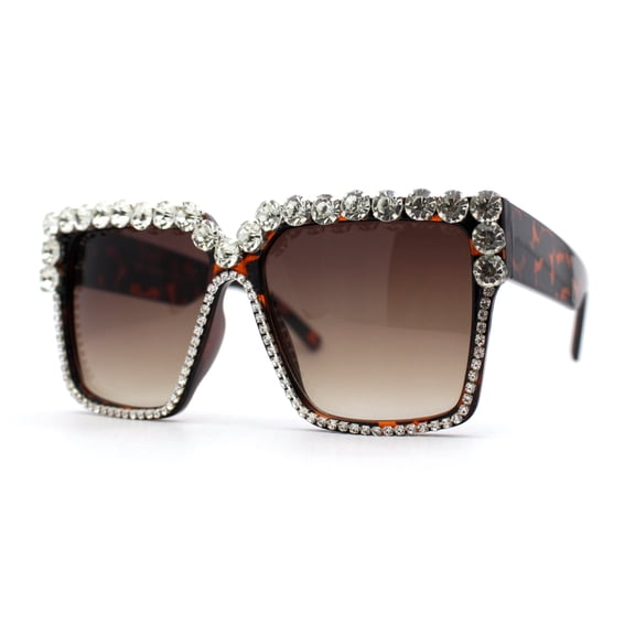 Womens Heavy Bejeweled Rhinestone Square Horn Rectangle Sunglasses Tortoise Brown