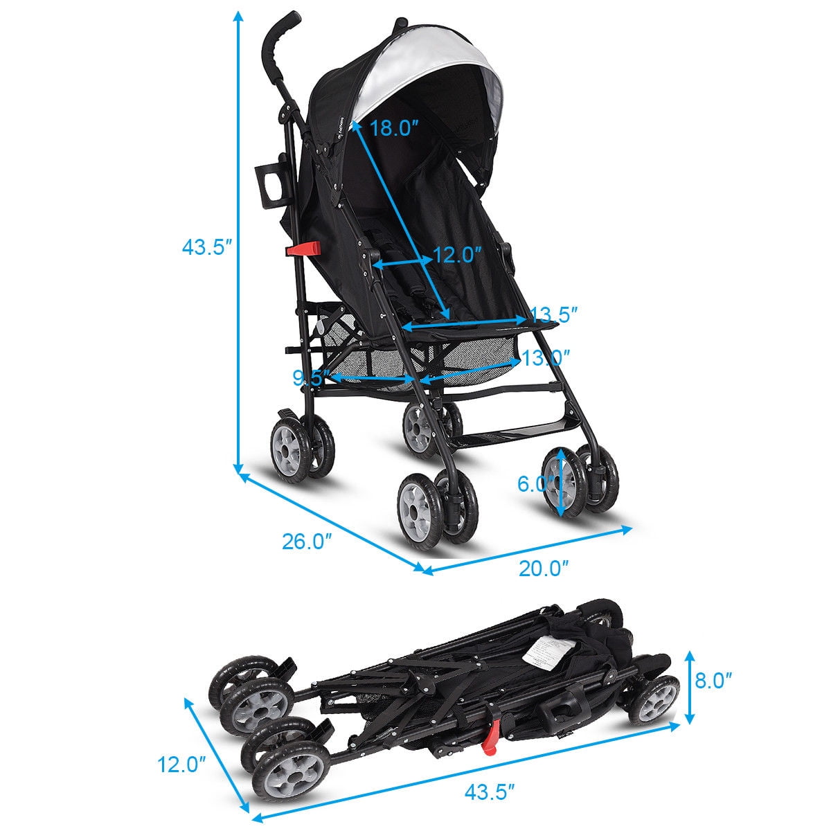 Costway Folding Lightweight Baby Toddler Umbrella Travel Stroller with Storage Basket Black