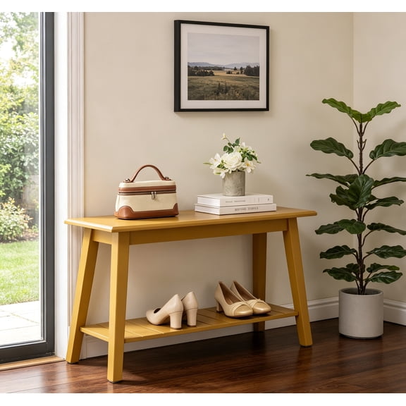 Wood Entryway Bench with Storage Shelf – Modern Accent Seating for Hallway, Bedroom, Living Room or Narrow Space-Saving Shoe Bench, Honey Mustard