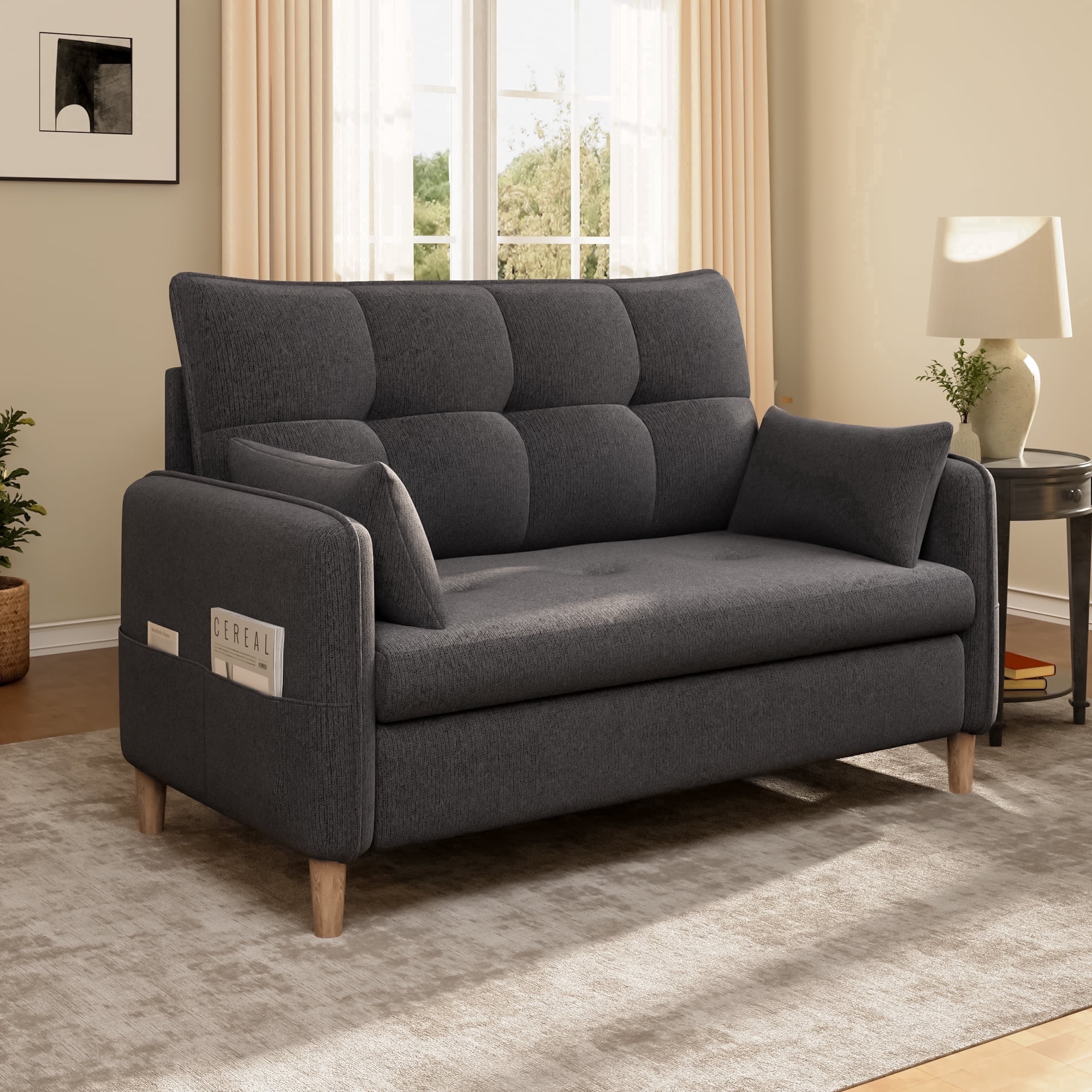 Doyolan 47" Loveseat Sofa Couch, Modern Mini Couch for Apartment and Bedroom, Machine Washable Removable Cover with Pocket Design, Dark Grey