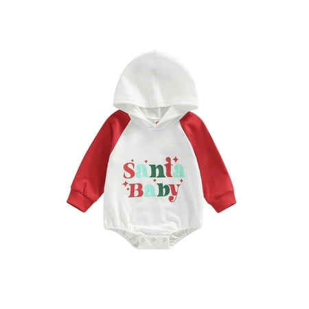 

Binwwede Baby Christmas Romper Long Sleeve Letter Print Patchwork Hooded Bodysuit