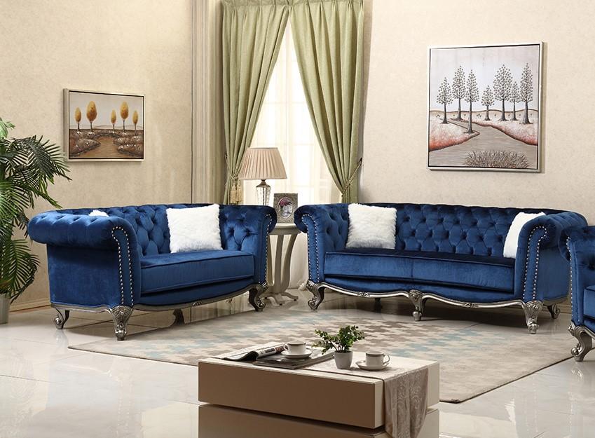Navy Fabric Sofa Set 2pcs W Silver Finish Transitional Cosmos Furniture Mia Com Navy Fabric Sofa Set 2pcs W Silver, 2 Piece Mia Sofa And Loveseat