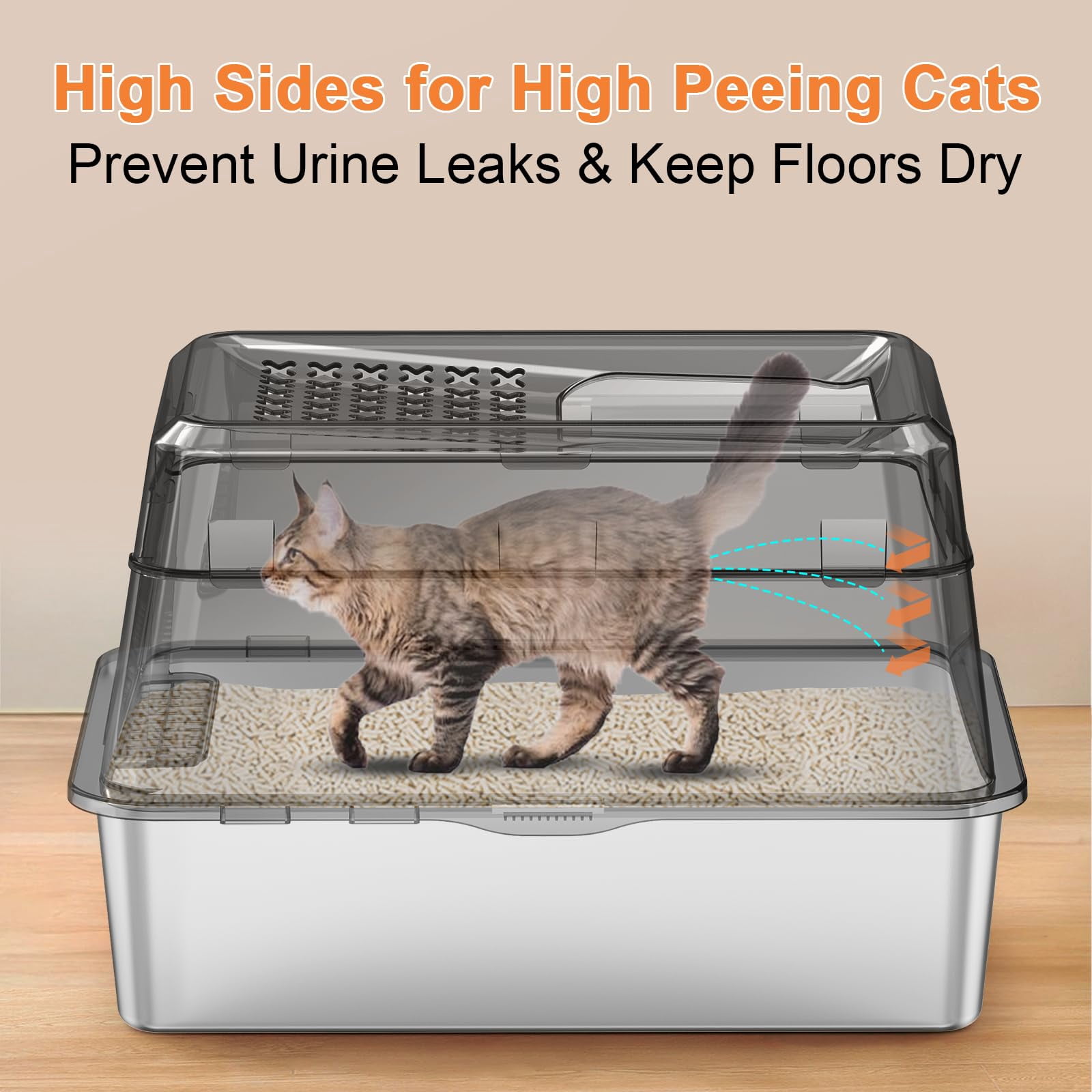 Stainless Steel Cat Litter Box With Lid Extra Large Enclosed Non-sticky Metal Pan High Sided & Scoop  Odor Free Front Top Entry Anti-leakage Easy Cleaning