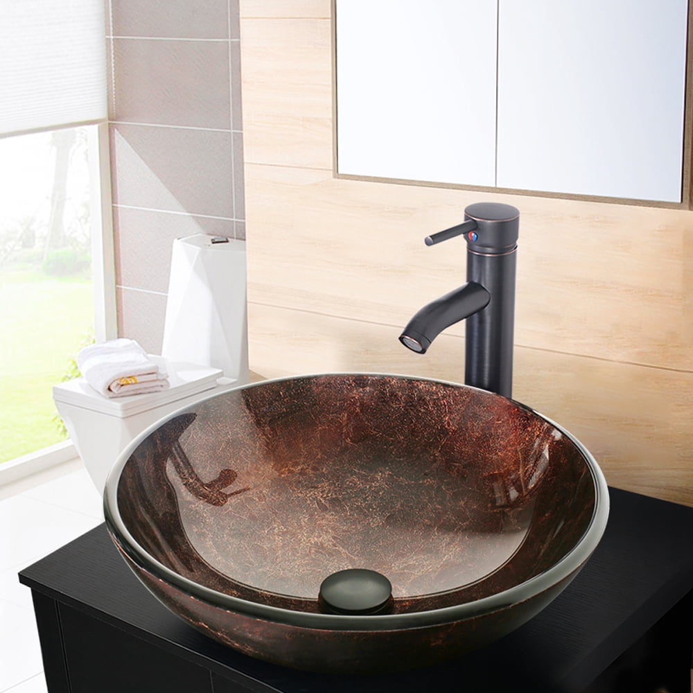 Eclife 16.5" bathroom Basin Sink Modern Round Artistic Vanity Sinks Combo with Oil Rubbed Bronze Faucet & Pop up Drain Bathroom Bowl Combo, Brown