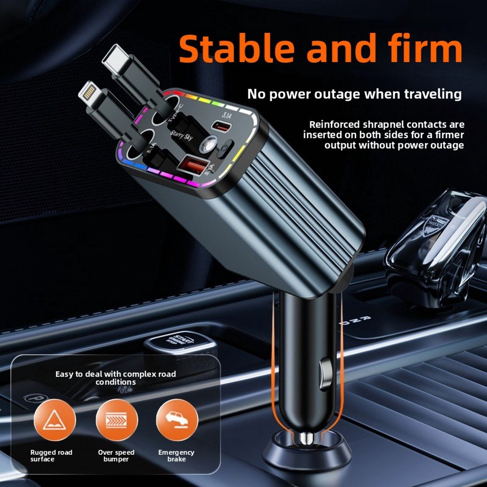 152W USB C Fast Car Charger with PD Quick Charge, 4 Port Cigarette Lighter Car Charger with Dual Retractable Cables and LED Ambient Light, for iPhone and Android