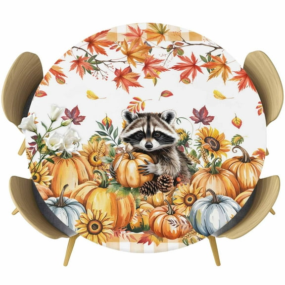 Thanksgiving Orange Pumpkins Round Tablecloth 45-54 Inch Round Fitted Table Cloth with Elastic Edge, Fall Leaves Raccoon Sunflowers Waterproof Table Cover Protector for Outdoor Picnic Party Dining