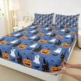 thumbnail image 6 of Manfei Cartoon Pumpkin Full Size Sheets for Kid, Gothic Castle Bat Bed Sheets, Blue Horror Halloween Sheet Sets, Ultra Soft Home Decor, 4pcs, 6 of 7