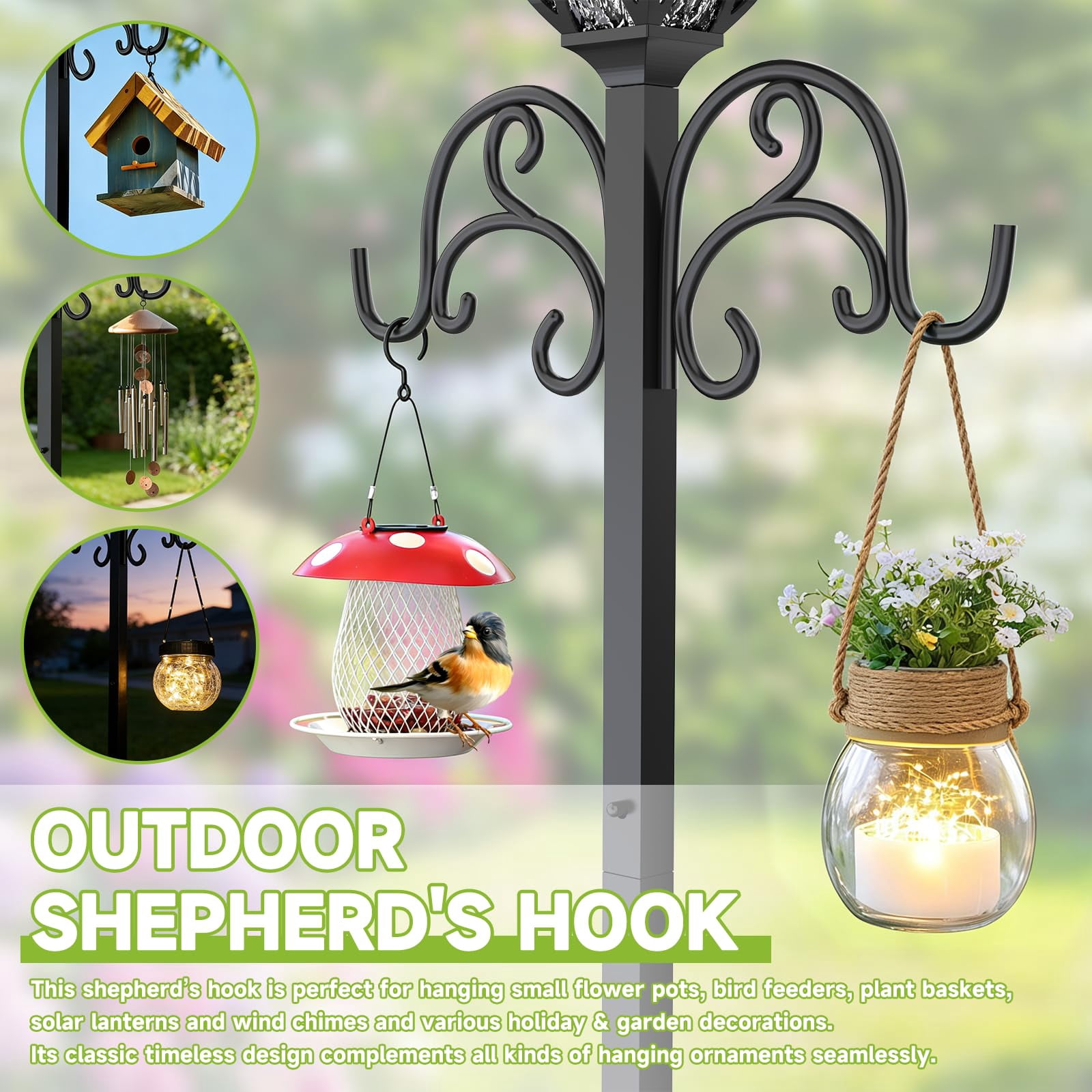 Yacona Garden Hose Holder with Light, Water Hose Holders for Outside with Shepherds Hooks, Freestanding Water Pipe Stand, Black