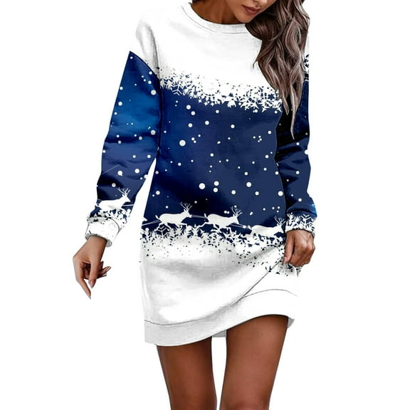 Fiaer Christmas Elk Long Sleeve Dress for Women Sweatshirt Dress Fall Fashion Outfits Casual Mini Skirts Dark Blue XXL