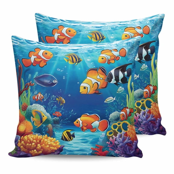Pillow Covers 18x18 Set of 2, Ocean Coral Fish Throw Pillow Covers Decorative Couch Cushion Cover, Colorful Underwater World Seagrass Microfiber Soft Square Pillowcases for Bedroom Living Room Sofa