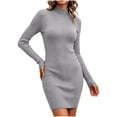 thumbnail image 6 of Women's Casual Solid Color Mock Neck Slim Long Sleeve Bodycon Dress, 6 of 7