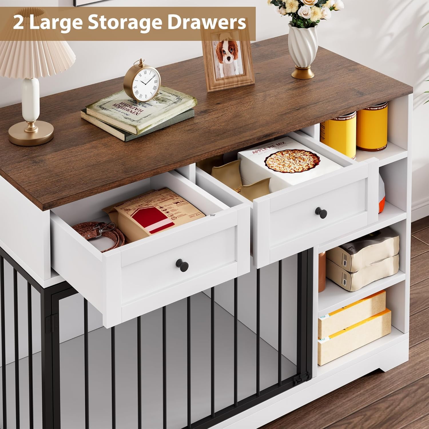 Homhougo Dog Crate Furniture 47”, Large Dog Crate TV Stand with 2 Drawers and 4 Shelves, Wooden Dog Kennel Indoor, Decorative Dog Cage with Storage for Large Dogs, White