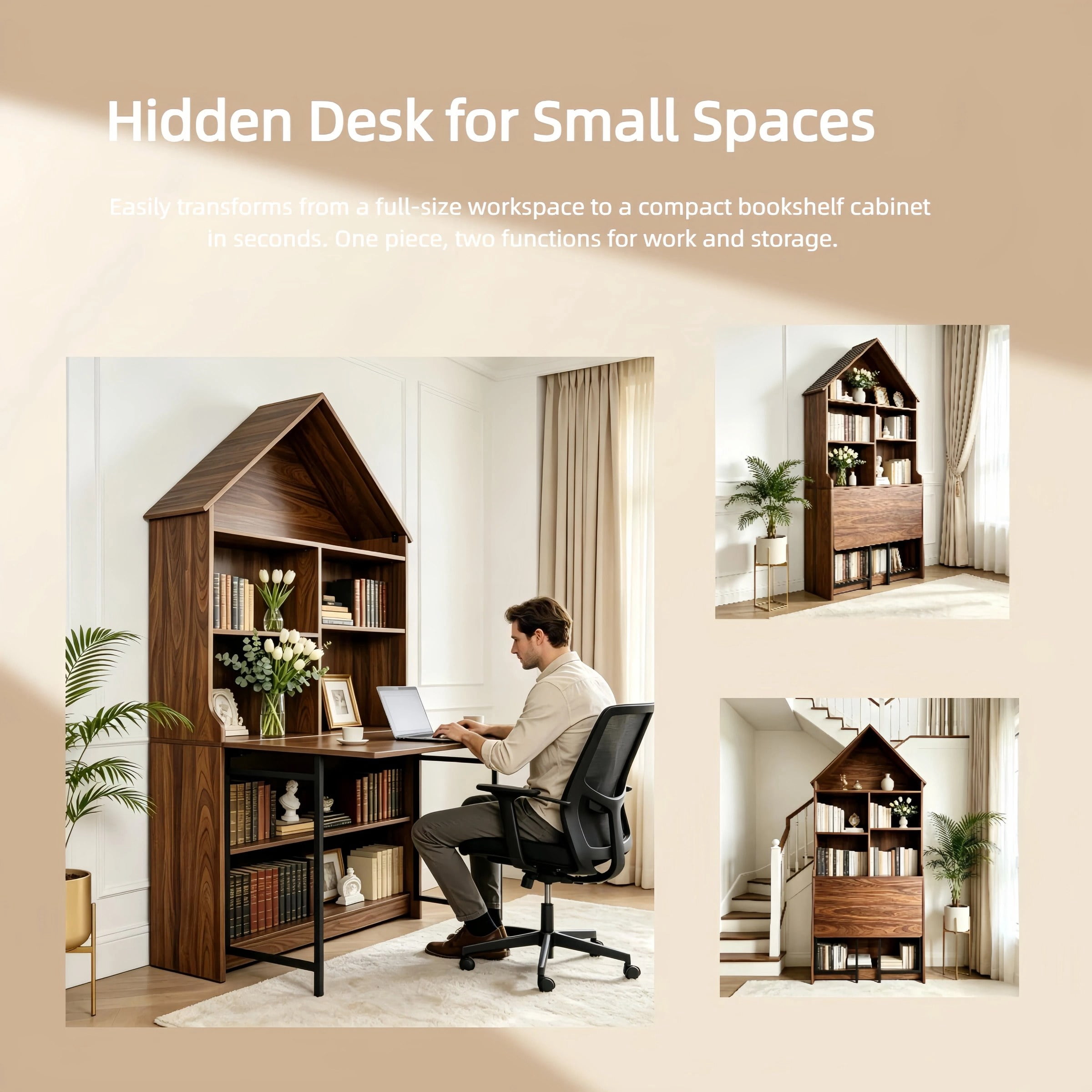 Astoutdoor Folding Craft Desk with Storage Shelves, Convertible Hideaway Desk to Bookshelf, Foldable Desk for Small Spaces