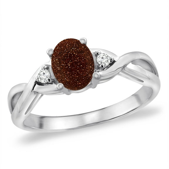 14K White Gold Diamond Natural Goldstone Infinity Engagement Ring Oval 7x5 mm, size 5.5