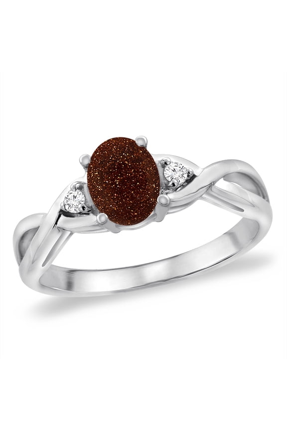 14K White Gold Diamond Natural Goldstone Infinity Engagement Ring Oval 7x5 mm, size 5.5