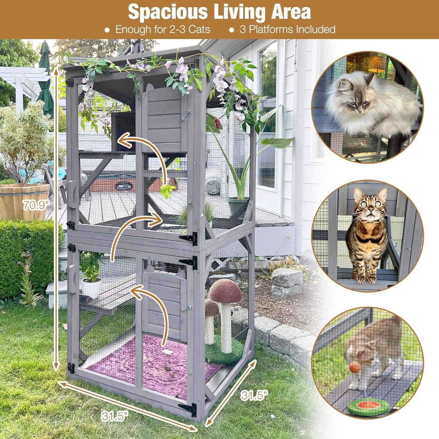 MEDEHOO 71 " Outdoor Catio Cat Enclosure , Kitty House Indoor with Perches and Condos Large Cat Shelter -Waterproof Catio Shelter with Wheels