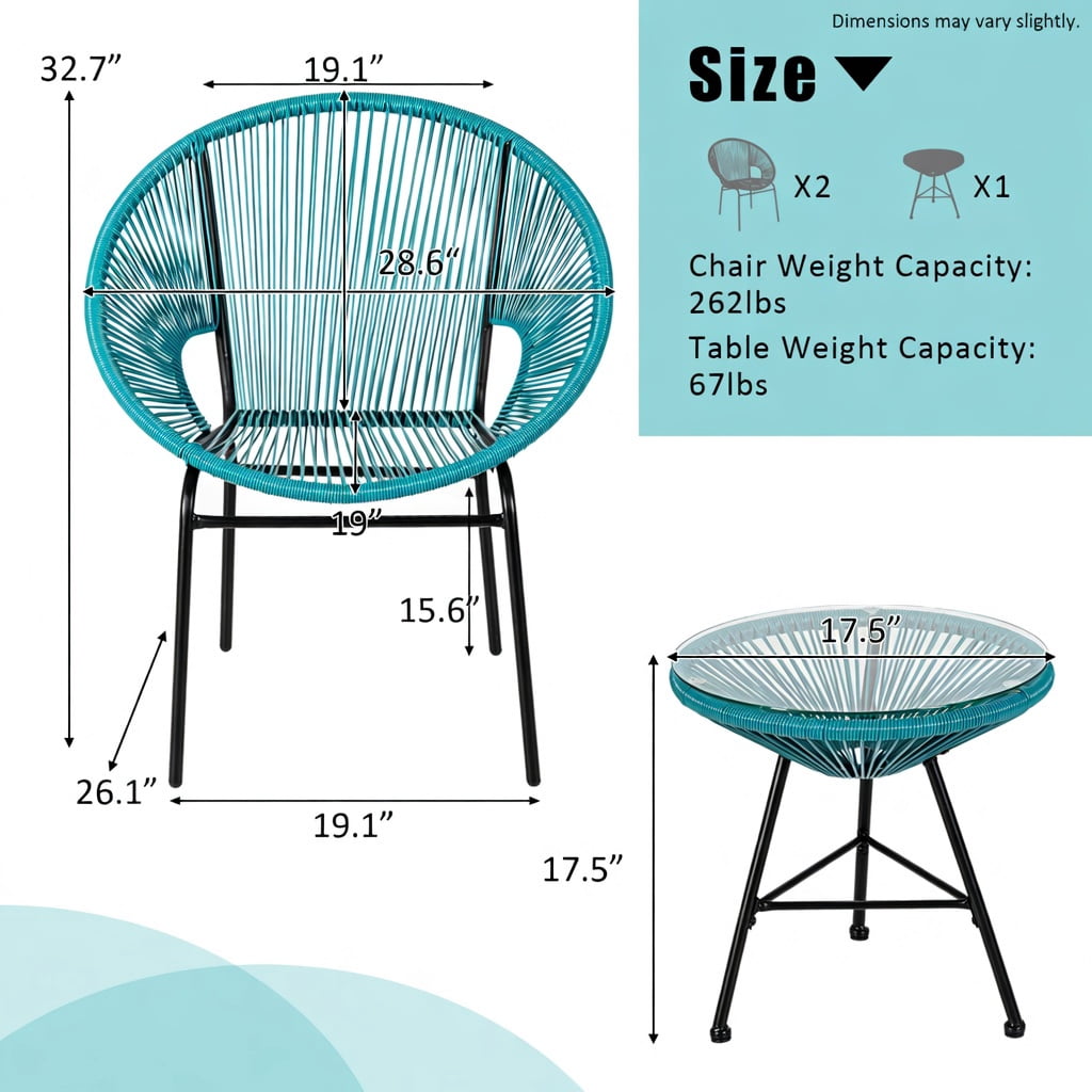 Hommoo 3-Piece Acapulco Patio Bistro Set, Plastic Rope Chairs + Tempered Glass Table for Outdoor Dining, Poolside & Garden, Turquoise