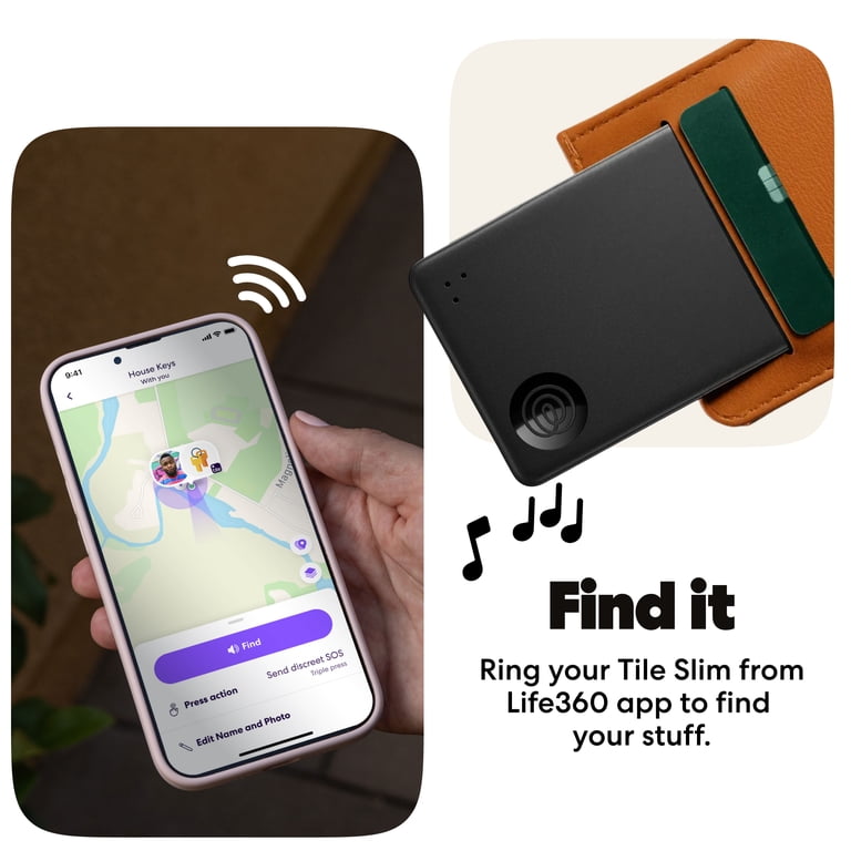 Tile by Life360 Slim - Portemonneefinder, Bluetooth-tracker en itemfinder voor bagagelabels, paspoorten en meer. Zowel iOS- als Android-compatibel. Telefoonfinder. 1 stuk (zwart