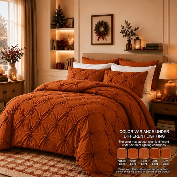 2Pcs Twin Pintuck Bed In A Bag, Pinch Pleat Complete Bedding Sets-orange