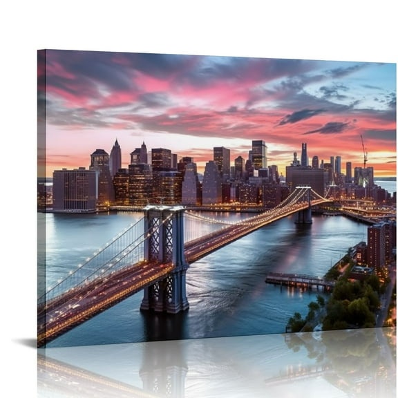 JRXY Brooklyn Bridge Wall Art Modern New York City Abstract Canvas Cityscape Painting At Dusk Manhattan Skyline Poster Unframed 12x18 Inch 20x16in