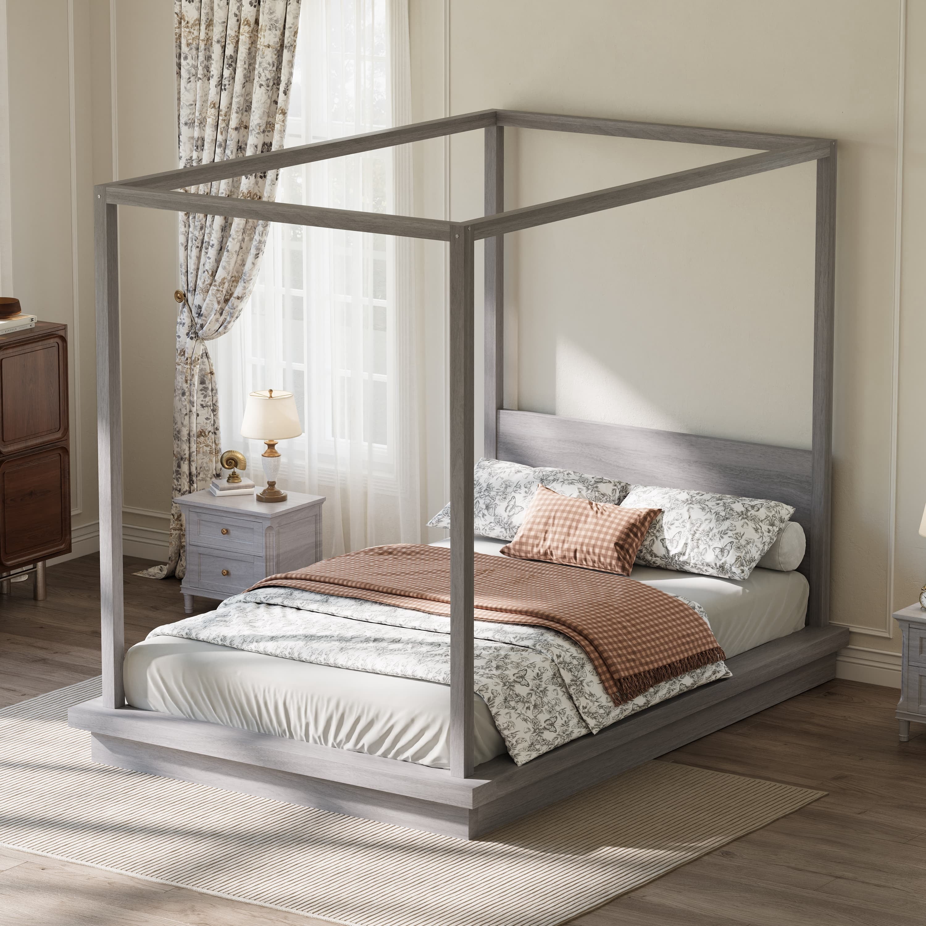 Euroco Wood Queen Size Canopy Bed, Four Poster Platform Bed, No Box Spring Needed, Gray