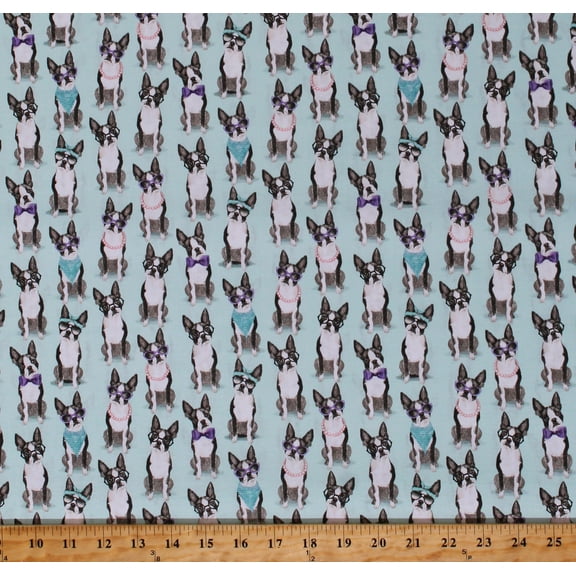 Cotton French Bulldogs Wearing Clothing Accessories Sunglasses Necklaces Bandanas Bowties Headbands A Dog's Life Turquoise Cotton Fabric Print by the Yard (3WI18033-TRQ-CTN-D)