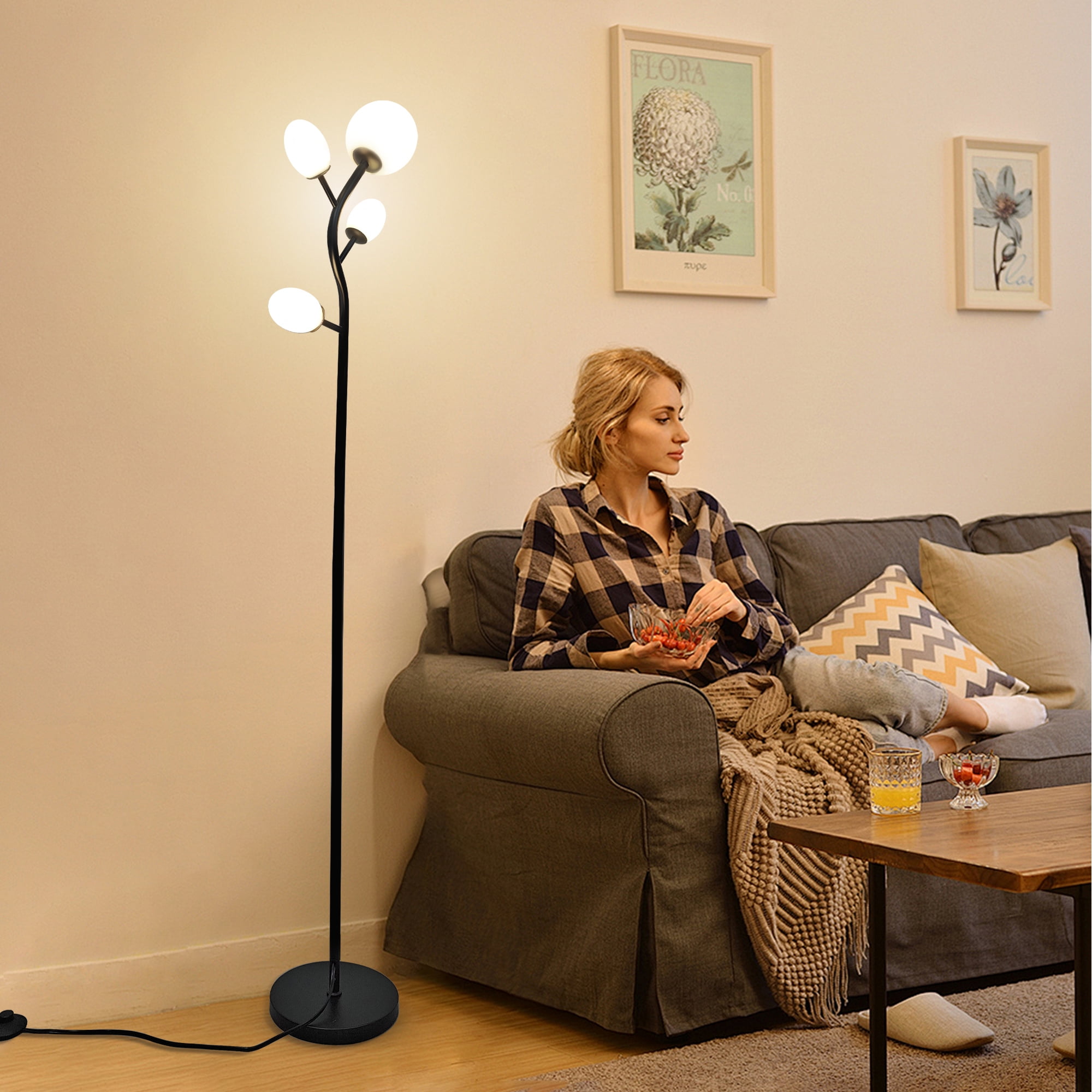 GCGAFUL 4-Light Glass Floor Lamp for Living Room, Modern Black Tree-Style Standing Lamp with Weighted Base, 3000K Warm Soft Light for Bedroom Office