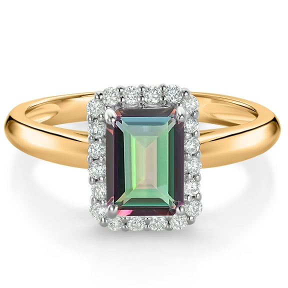 Gem Stone King 1.16 Ct Green Mystic Topaz G/H Lab Grown Diamond 10K Yellow and White Gold Halo Engagement Ring (Size 8)