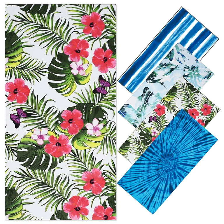 Microfiber Oversized Beach Towel - Tropical Hawaiian Print, 27.5x55", Quick Dry, Sand Free, With Carry Pouch