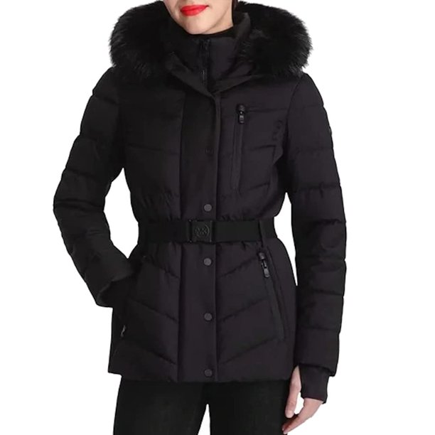 MICHAEL MICHAEL KORS Women's Faux Fur Hooded Puffer Scuba Belted Coat Jacket  (as1, alpha, x_l, regular, regular, XL) 