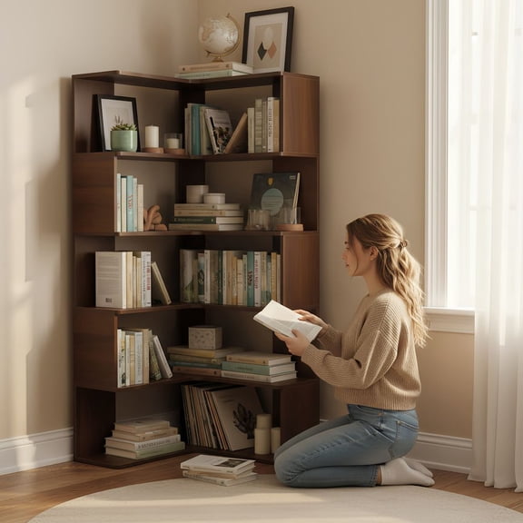 WGYPRIME 6 Tier Corner Bookshelf, Wooden 66" Tall L Shaped Bookcase with Baffle, Freestanding Display Corner Shelf for Living Room, Bedroom, Home Office
