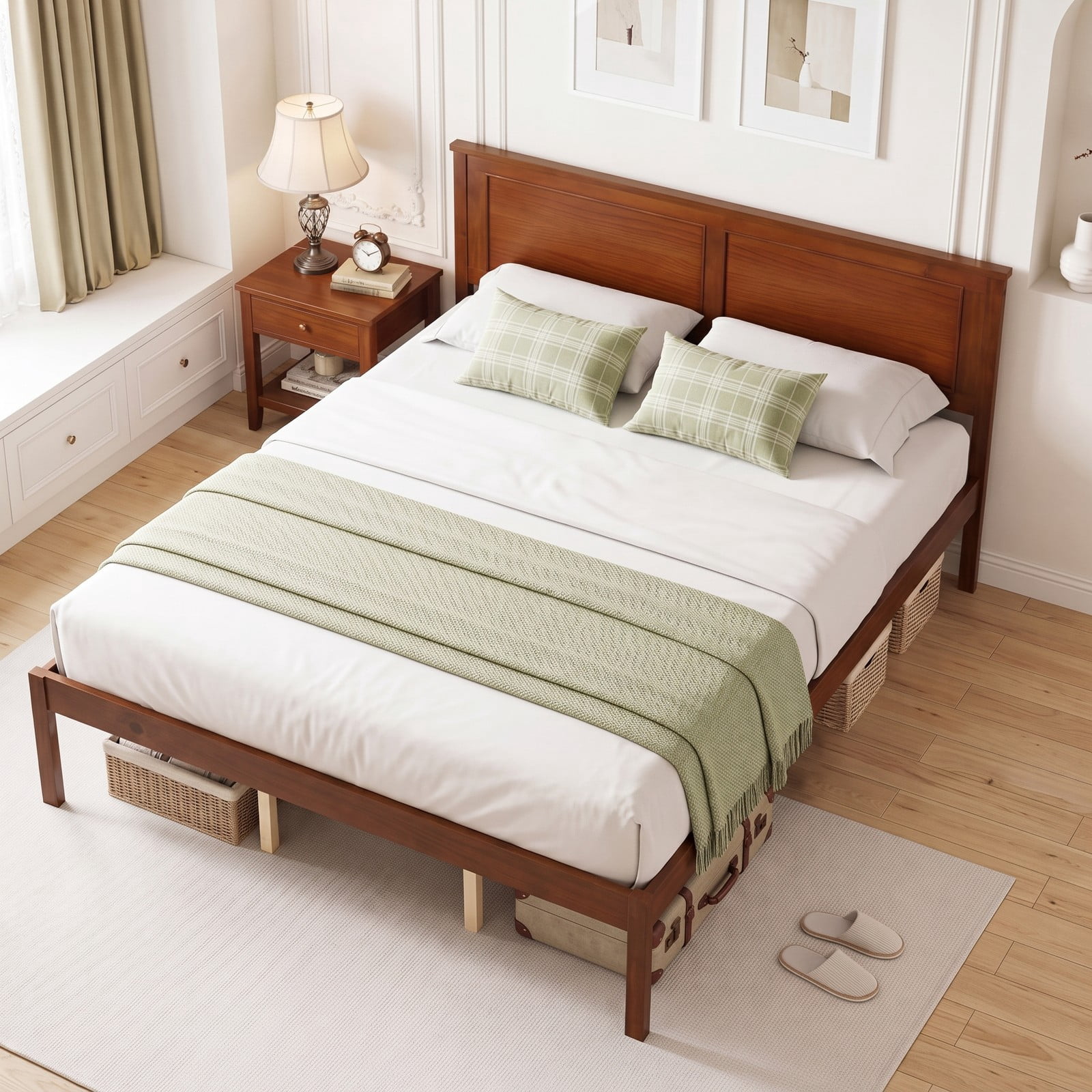Furnibear Queen Bed Frame, Wood Platform Bed Frame with Paneled Headboard, Queen Bed Frame with Headboard for Farmhouse Bedroom, Walnut
