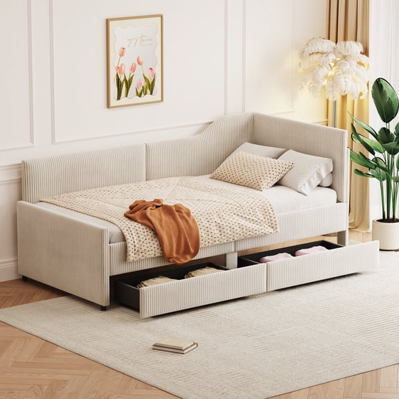 Solid and Stable Twin Size L-Shaped Corduroy Daybed,Upholstered Bed Frame with 2 Storage Drawers (Beige)