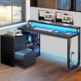 thumbnail image 3 of DWVO 55" L Shaped Desk with Power Outlets and Monitor Stand , Computer Desk with LED Light &File Cabinet, Corner Desk with 3 Drawers, White Modern Home Office Desk, Black, 3 of 10