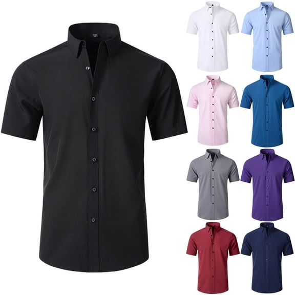 Lcziwo Men Short Sleeve Button Up Shirts Lapel Solid Casual Dressy T-Shirts Business Golf Work Summer Tops White,S
