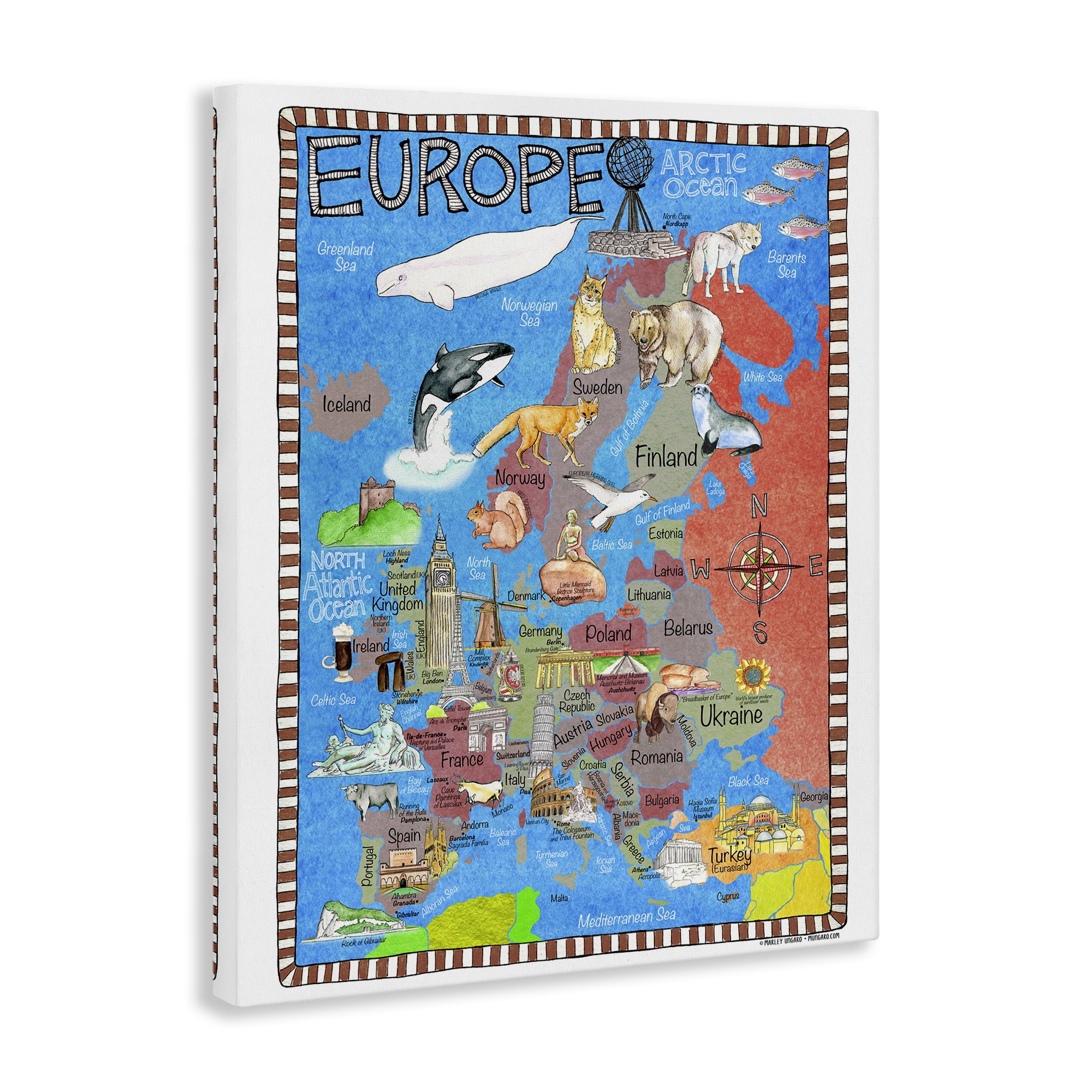 Stupell Industries Europe Animal Map Town & City Painting Gallery Wrapped Canvas Art Print Wall Art, 30 x 40