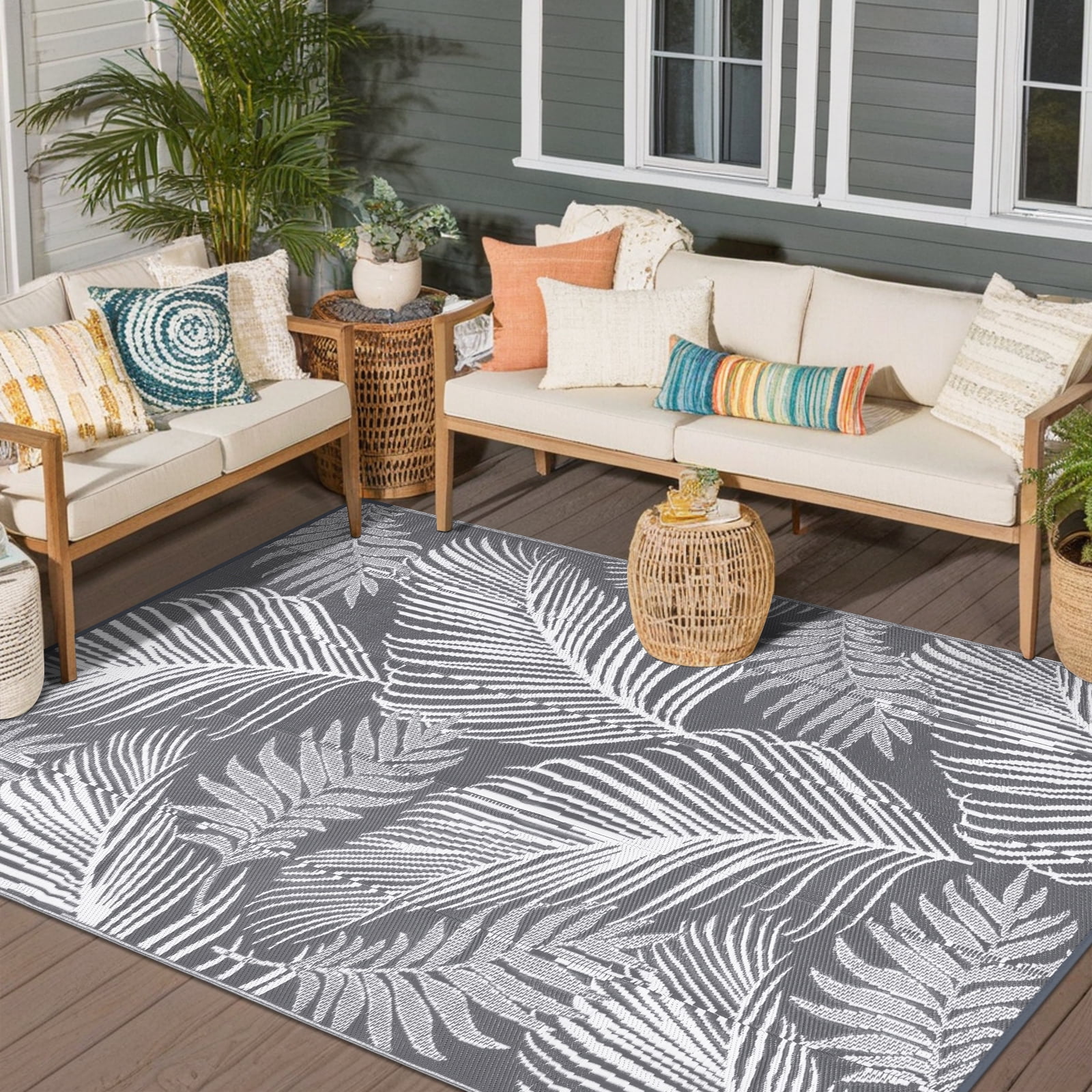 LOKHOM 9'x12' Gray Outdoor Rug Waterproof Reversible Plastic Straw Rug for Patios,Porch,RV,Beach