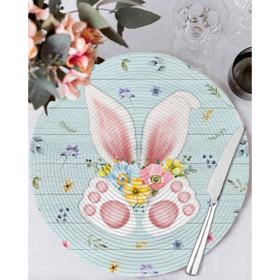 15 Inch Round Placemats Set of 4, Easter Non Slip Heat Insulation PP Table Mats, Spring Rabbits Ears Feet Flowers Wooden Grain Washable Place Mats for Kitchen Dining Party Table Decor