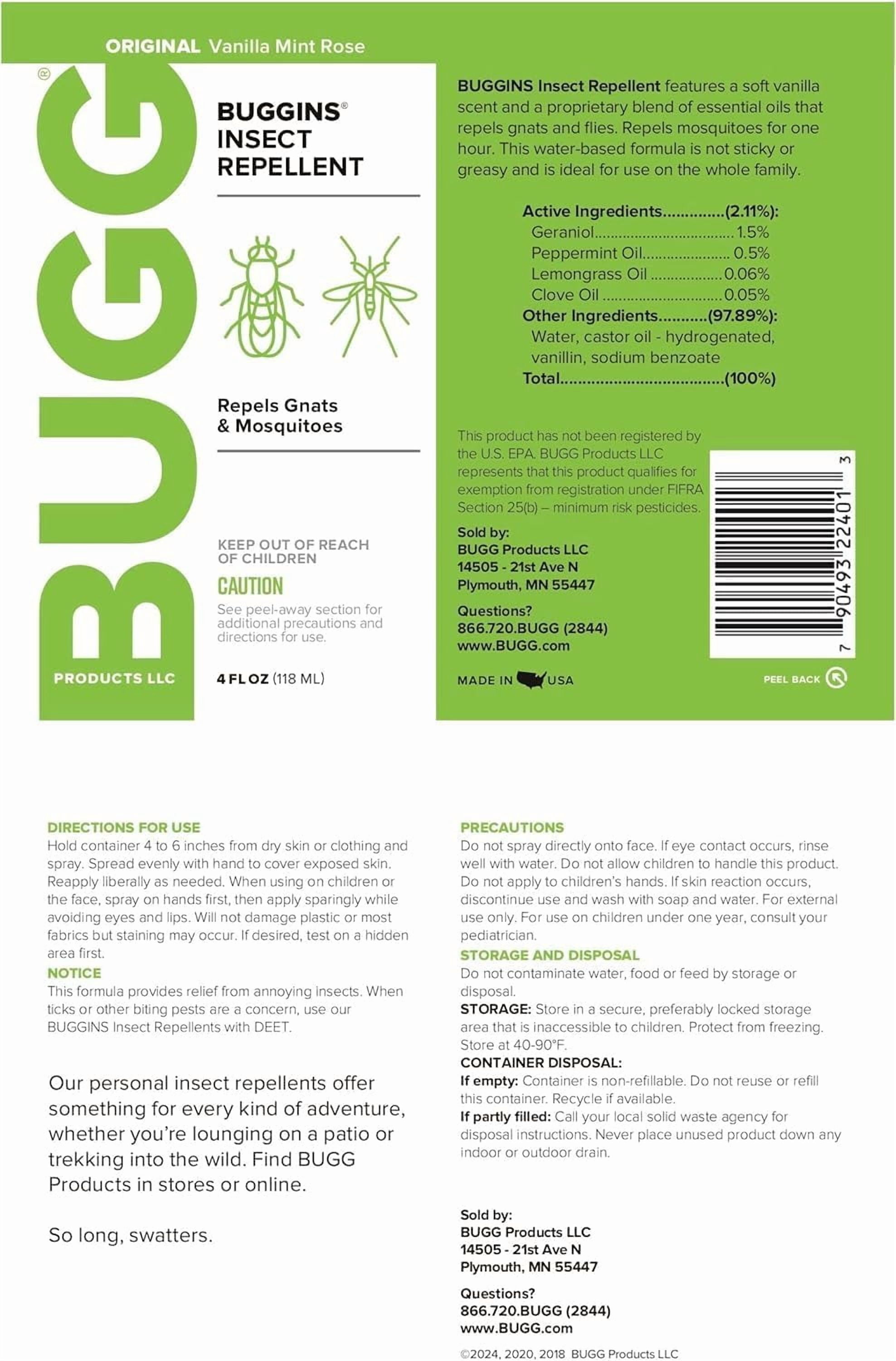 Buggins Natural Insect Repellent  DEET-Free, Repels Gnats & Flies, Plant Based, Vanilla Mint & Rose Scent, 4-oz 2