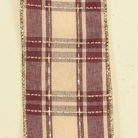 The Ribbon People Ivory and Burgundy Red Tartan Wired Craft Ribbon 2.5" x 40 Yards