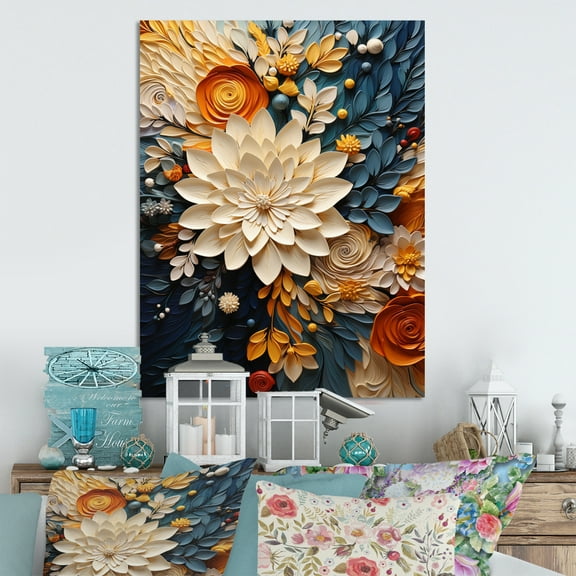 Designart "Orange Teal botanic Whirlwind IV" Abstract Metal Art Living Room