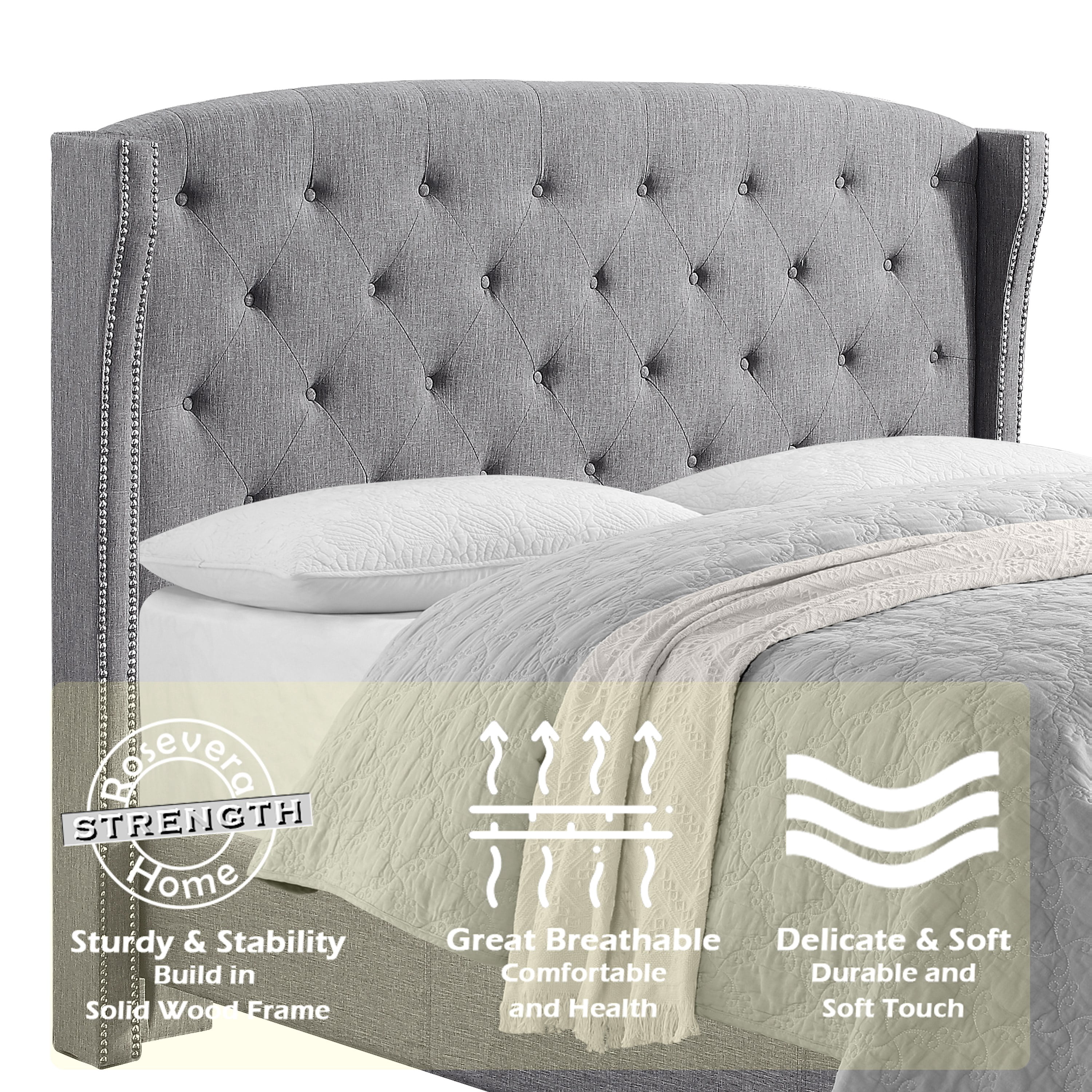 BSHTI Grey Tufted Wingback Full Size Bed, Upholstered Platform Bed Frame with Button Tufted Headboard, Box Spring Needed, Modern Bedroom Furniture