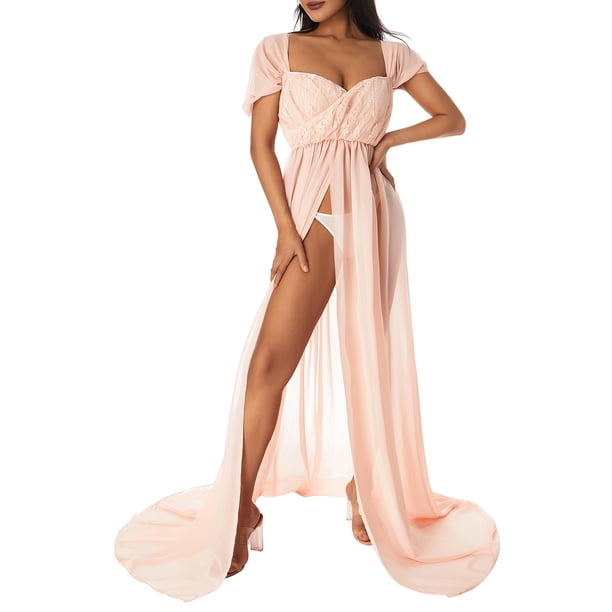 SAYOO Vestido de maternidad para fotografía Color sólido Fuera del hombro Vestido de gasa Frente Split Vestidos largos de embarazo para sesión de fotos SAYOO casual