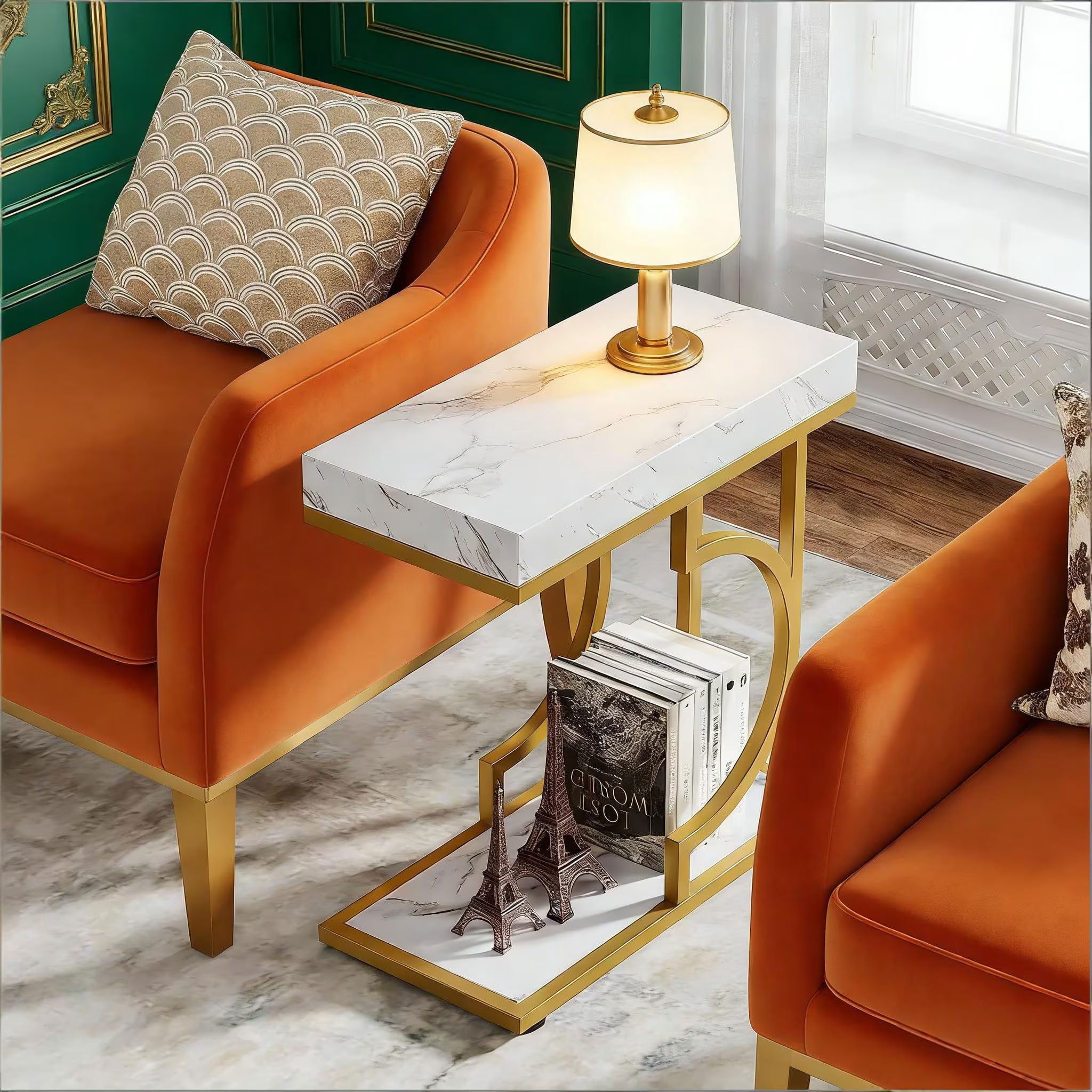 MAYEERTY Narrow End Table, Modern Side Table with Faux Marble Top and Metal Frame, Space-Saving Bedside Table for Living Room, Bedroom