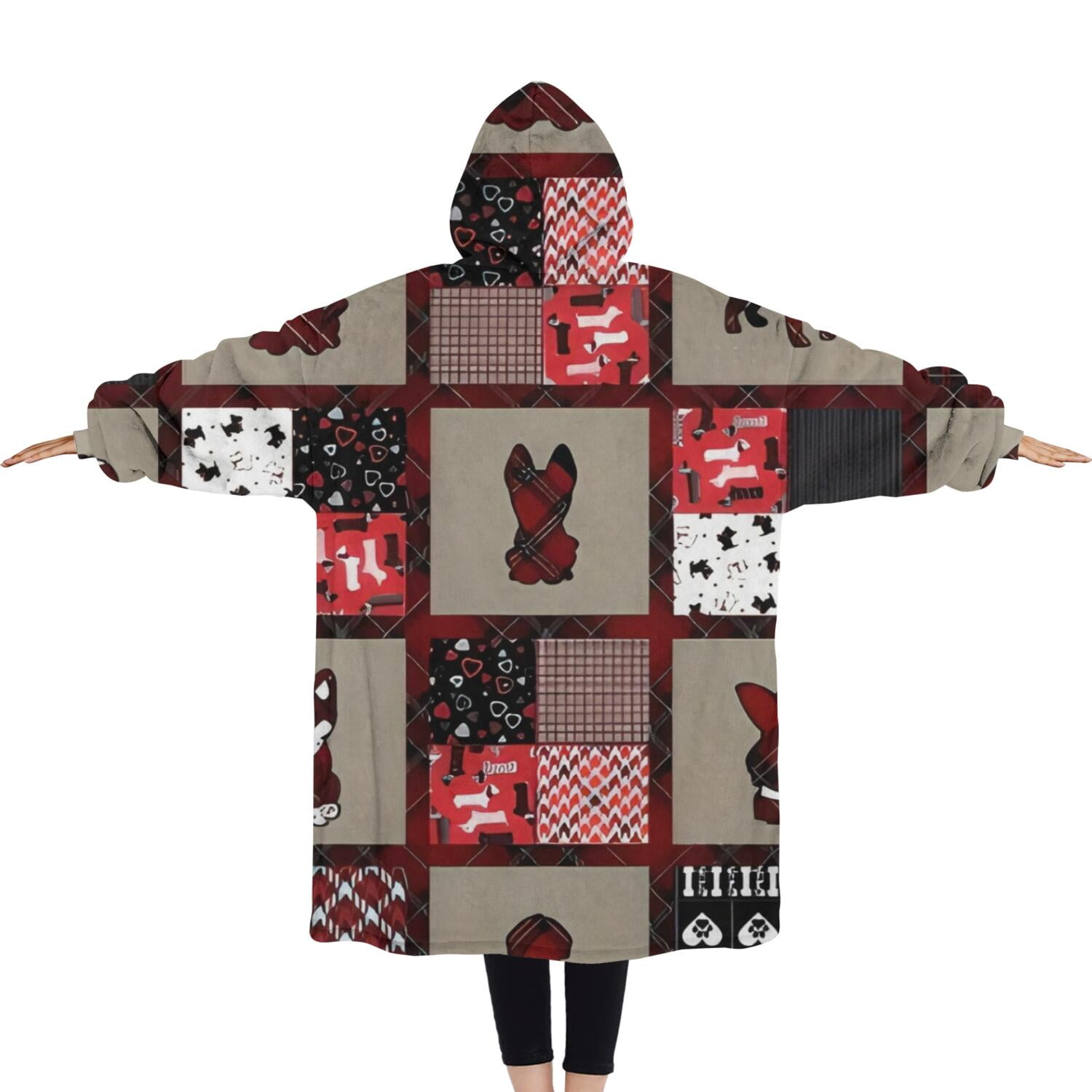 Oversized Wearable Blanket Hoodie,Red Plaid Dog Jigsaw Puzzle Sherpa Blanket Hoodie with Super Pockets,Super Warm Fuzzy Pullover for Women & Men
