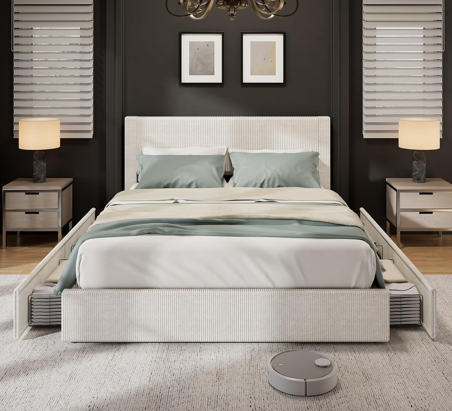 Hetoy Bed Frame, Queen Size Platform Bed with 4 Storage Drawers, Upholstered Corduroy Channel Tufted Headboard Bed Frame with Strong Wooden Slat Support, No Box Spring Needed, Beige