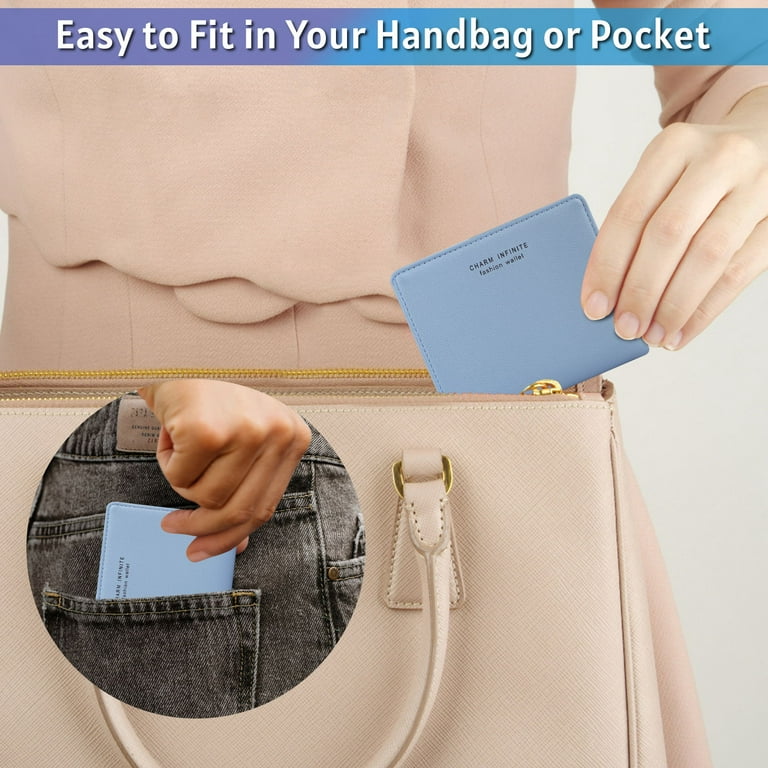 Slim Bifold Leather Wallet for Women, TSV Credit Card Holder, Ladies Zipper  Pocket Purse with ID Window, Blue/Grey