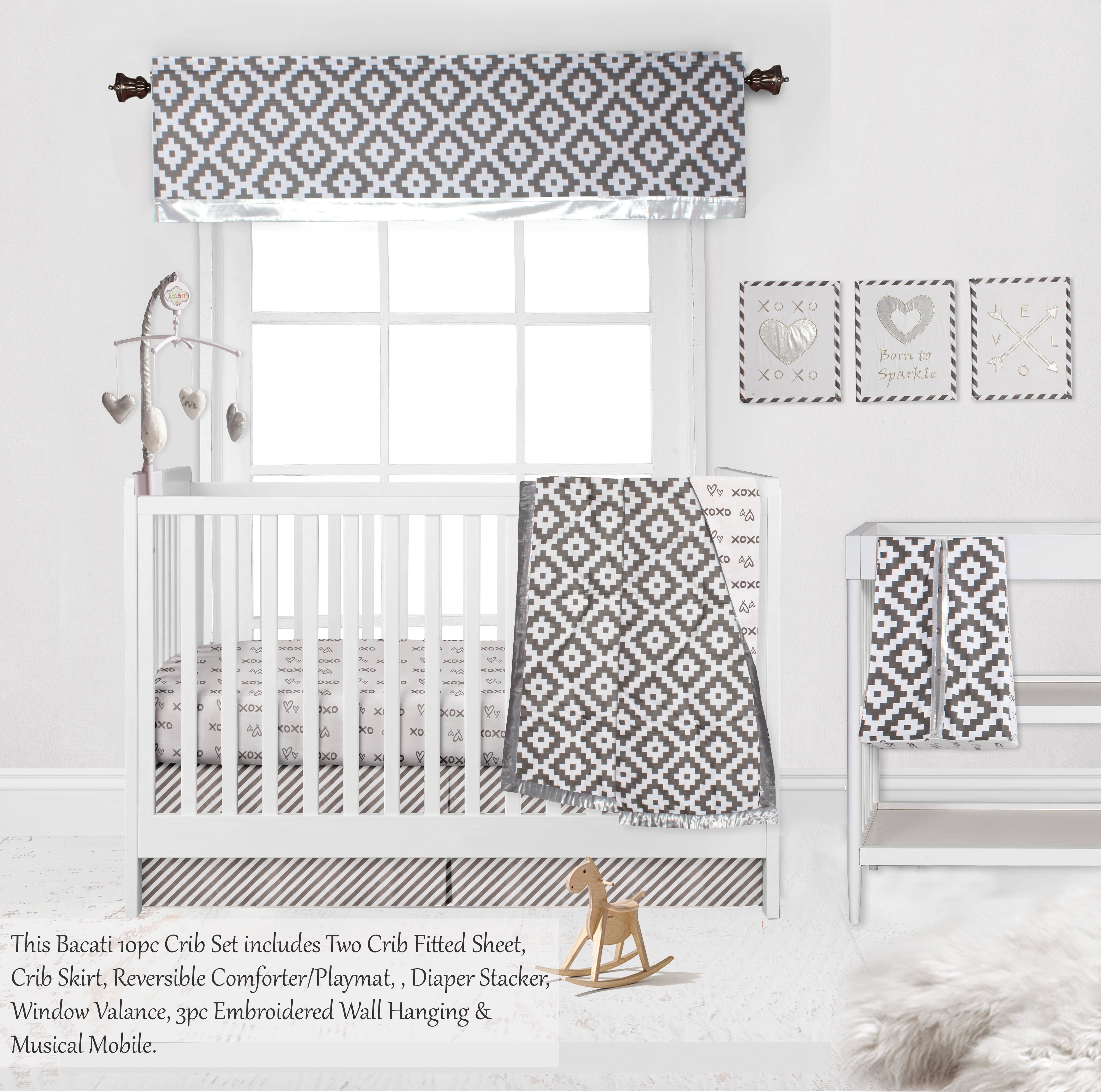Bacati - Love Aztec 10-Piece Crib Bedding Set with Two Crib Sheets - Grey/Silver Unisex