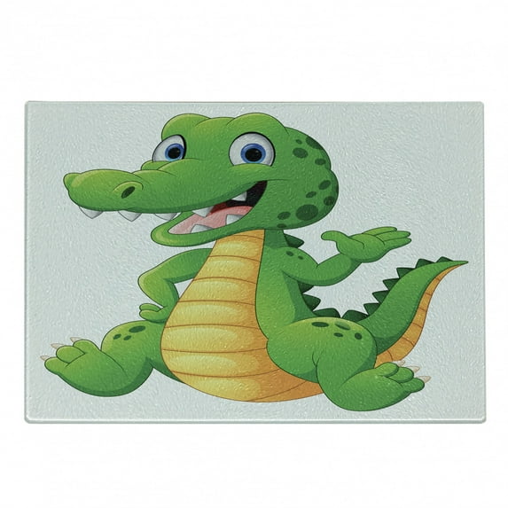 Crocodile Cutting Board, Cartoon Style Vibrant of a Cheerful Character Waving His Hand, Decorative Tempered Glass Cutting and Serving Board, in 3 Sizes, by Ambesonne