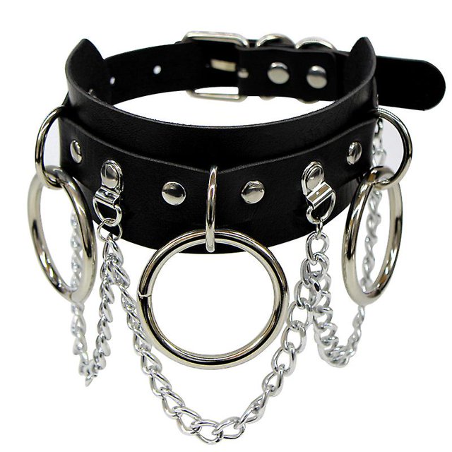 Collar con remaches redondos (negro), collar gótico con anilla en O de cuero sintético, estilo punk vintage, ajustable